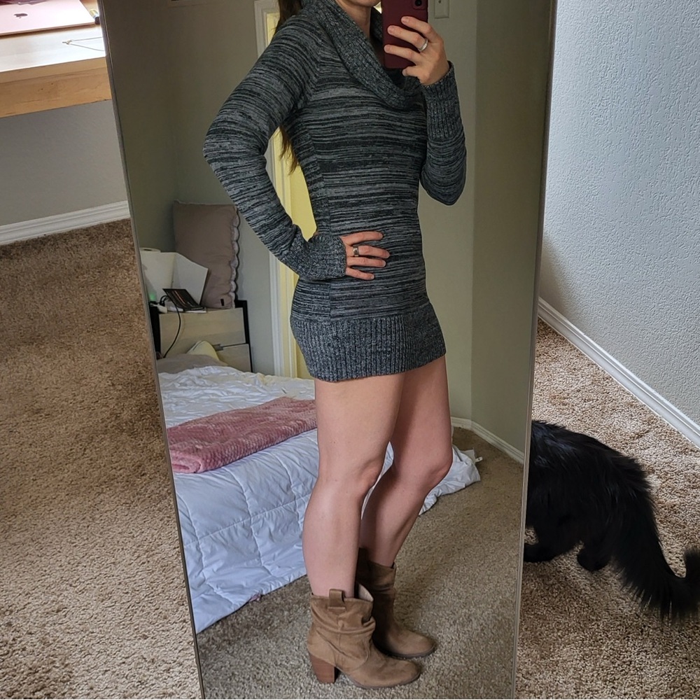 Cozy gray marled sweater tunic dress cowl neck